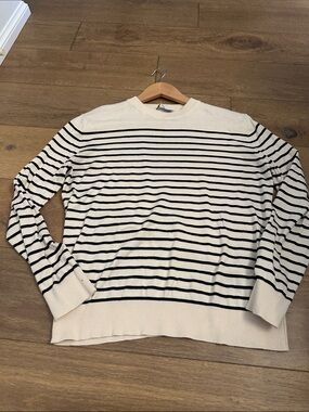 Zara Cream and Black Striped Crewneck Sweater